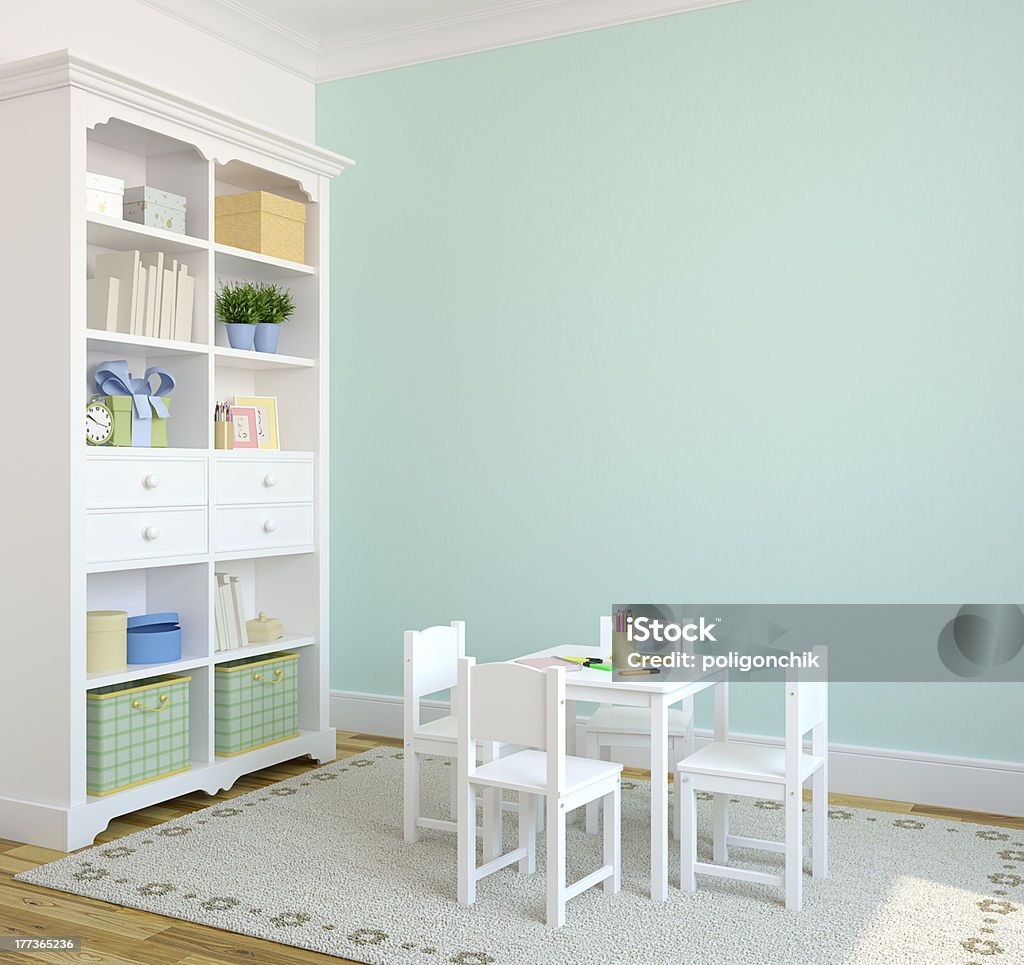 Interior of playroom. Colorful playroom interior. 3d render. Pictures in frames was painted by me in photoshop. Storage Compartment Stock Photo