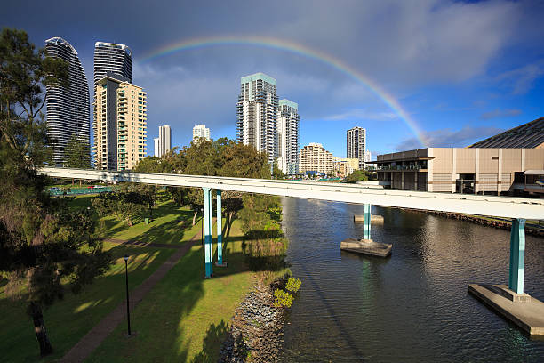 view on monorail at broadbeach stock photo