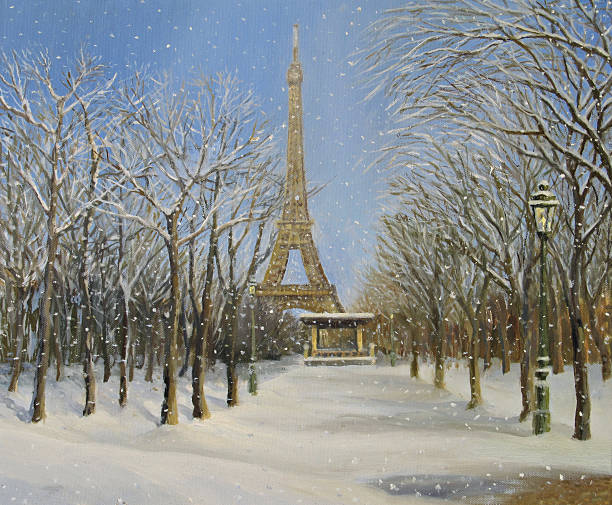 Winter in Paris "Winter scene from Paris with the Eiffel Tower at the background, painted on the canvas by me - Kiril Stanchev /kirilart/." eiffel tower winter stock illustrations