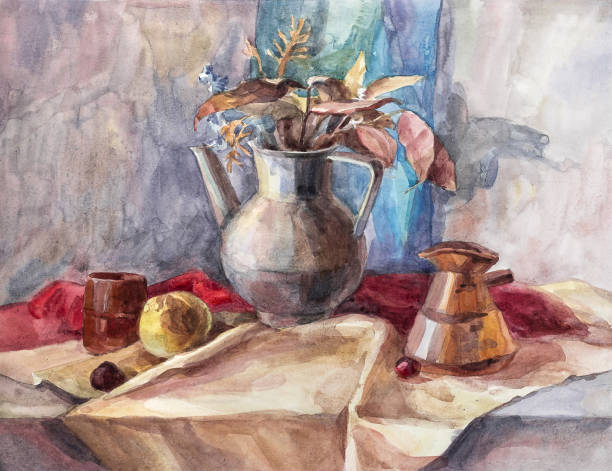 istock A picturesque still life with a teapot and fruit, made with watercolor paints. 1773682676