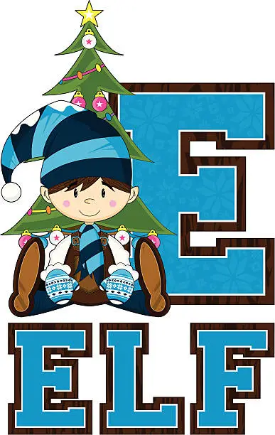 Vector illustration of Cute Christmas Elf Learning Letter E