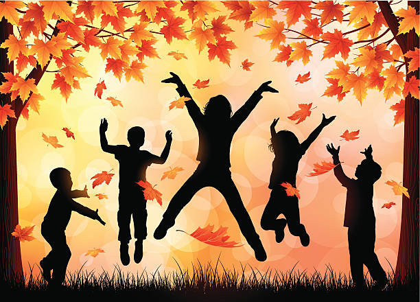 ilustrações, clipart, desenhos animados e ícones de crianças brincando no folhas - autumn silhouette tree leaf