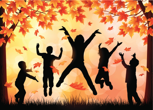 Vector illustration silhouettes of children playing with leaves. EPS10 vector illustration. Contains transparency effects only on defocused lights effects, mesh tool used. High resolution JPG included (6192 x 4438 px).