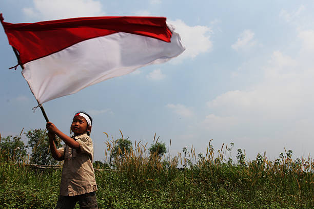 indonesia de día de la independencia - child patriotism saluting flag fotografías e imágenes de stock