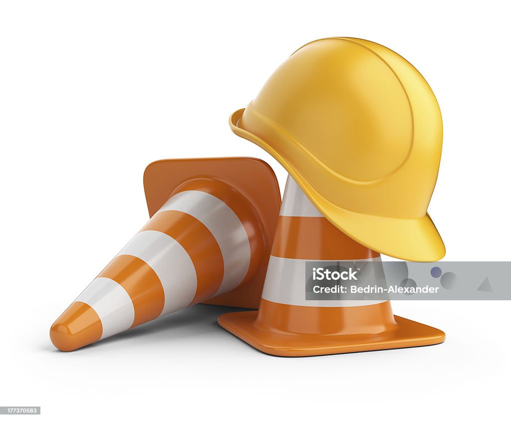 Traffic cones and hardhat 3D. Isolated Traffic cones and hardhat. Under constructiom. 3D icon isolated on white Construction Site Stock Photo