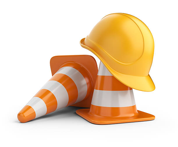 Traffic cones and hardhat 3D. Isolated Traffic cones and hardhat. Under constructiom. 3D icon isolated on white cone shape stock pictures, royalty-free photos & images