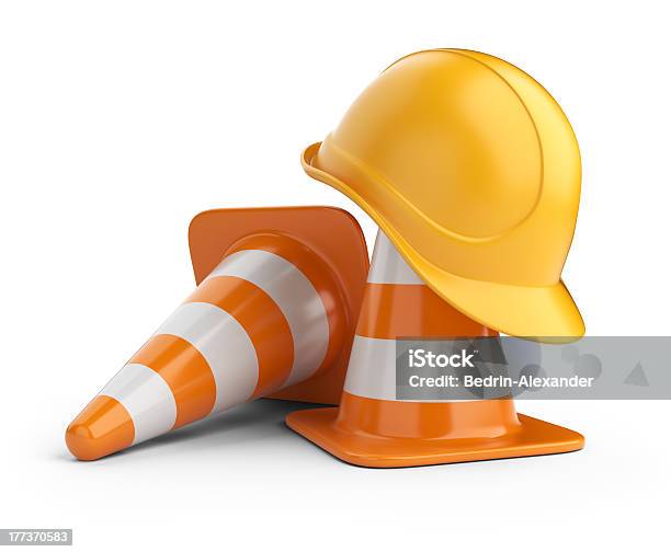 Traffic Cones And Hardhat 3d Isolated Stock Photo - Download Image Now - Construction Site, Traffic Cone, Three Dimensional