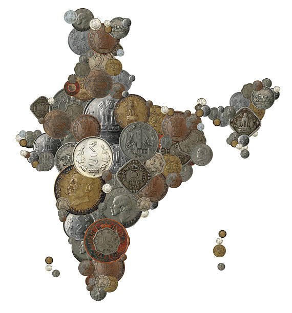 Indian country map made with old, new india coins stock photo