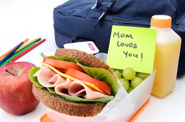 Fresh healthy nutritious ham sandwich and apple with schoolbag and note from mum 