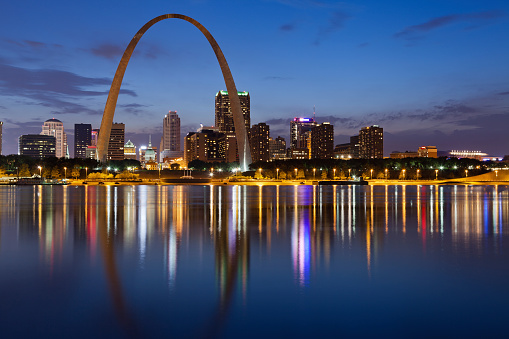 Image of St. Louis downtown with Gateway Arch at twilight.