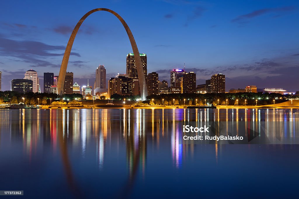 City of St. Louis skyline. Image of St. Louis downtown with Gateway Arch at twilight. St. Louis - Missouri Stock Photo