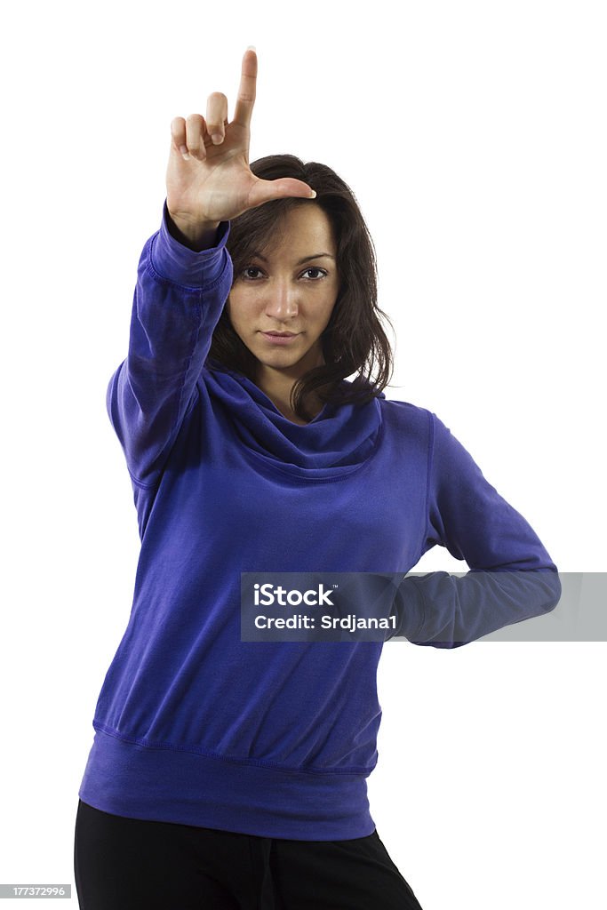 Jeune femme avec la main geste perdant L - Photo de Lettre L libre de droits