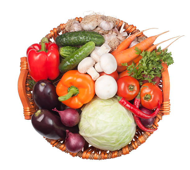 Fresh vegetable "Fresh vegetable (cabbage, cucumber, bell pepper, onion, garlic, eggplant, carrot, tomato, mushroom, parsley)" basket healthy eating vegetarian food studio shot stock pictures, royalty-free photos & images