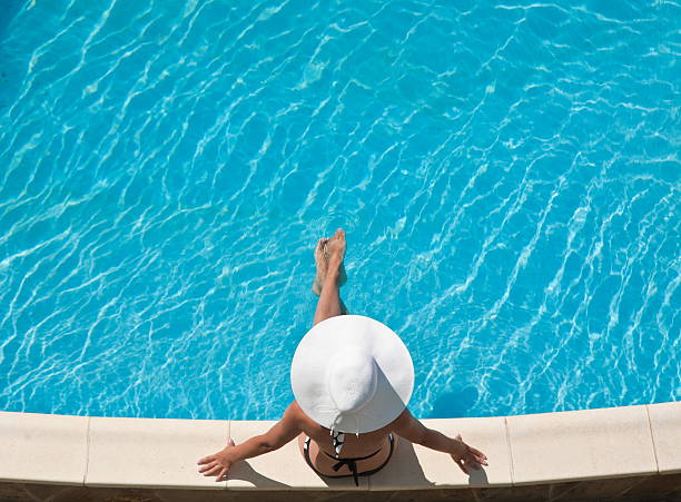 Foreground focus on Palm leaf with a Swimming pool in the Background