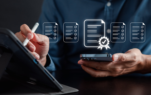 Sign assessment for certificate in online survey form, questionnaire, evaluation, online survey exam Choosing the right answer in the exam, filling out. digital form checklist improvement.