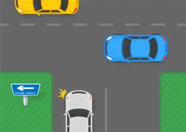 Vector illustration of Safe driving tips and traffic regulation rules. Top view of a traffic flow on one-way road. Car turning onto a one way road. Vector illustration template.