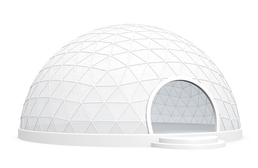 Tienda de campaña en forma de cúpula de exposiciones blanco sobre un fondo blanco photo
