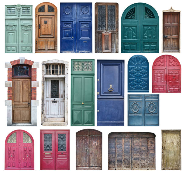 collection de vieilles portes en bois, isolé sur blanc - arched window photos et images de collection