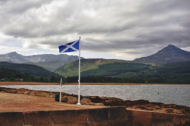 Proud Scottish flag flying on the Isle of Arran photo of the proud Scottish flag flying on the Isle of Aran with the landscape and countryside behind it scottish flag stock pictures, royalty-free photos & images