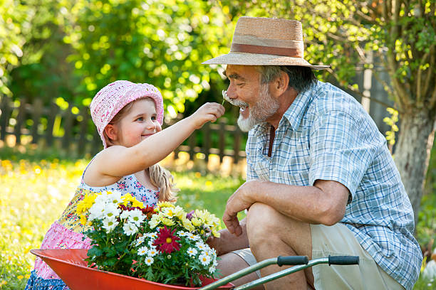 An elderly man with his granddaughter doing gardening