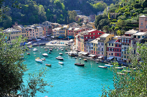 Portofino, Italy "the famous village of portofino, Italy with its colorful houses, view from above" santa margherita ligure italy stock pictures, royalty-free photos & images