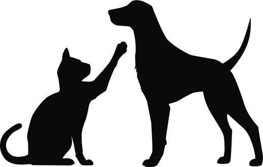 Silhouette of a cat and dog playing. Files included – jpg, ai (version 8 and CS3), svg, and eps (version 8)