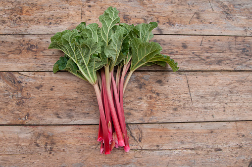 Rhubarb on a rustic wooden table