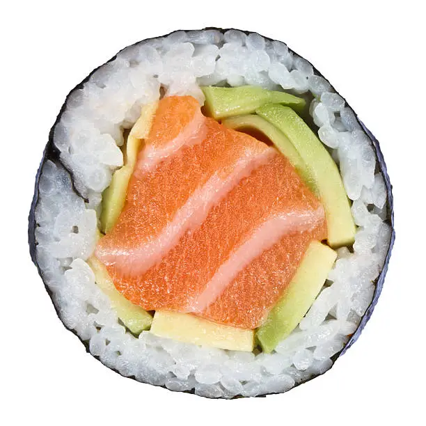 Photo of Enlarged image of a sushi roll on a white background