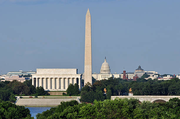 Skyline of Washington, DC and Lincoln Memorial Washington DC skyline including Lincoln Memorial, Washington Memorial and US Capitol building as seen from Arlington,Virginia. arlington memorial bridge photos stock pictures, royalty-free photos & images