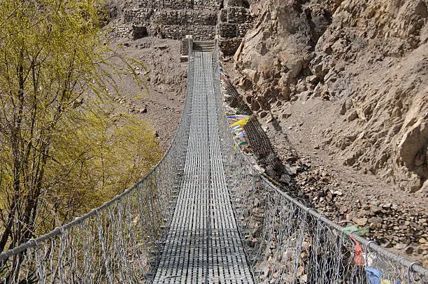 "Rope-bridge over the Kali-Gandaki valley in Kagbeni , Mustang,Nepal."