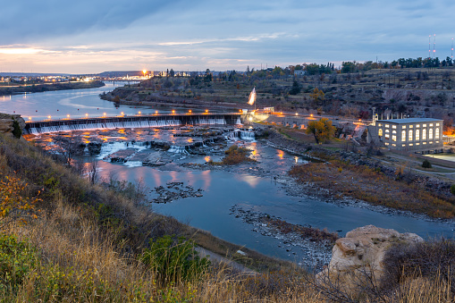 View from above of the Great Falls in Montana, in twilight. Black Eagle Point