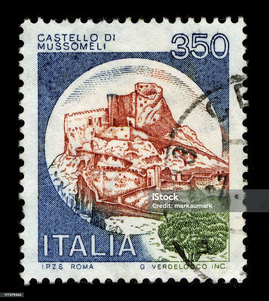 Postage stamp. "ITALY-CIRCA 1970:A stamp printed in ITALY shows image of the Mussomeli (Mussumeli in Sicilian) is a town and comune in the province of Caltanissetta, Sicily, Italy, circa 1970." Antique Stock Photo