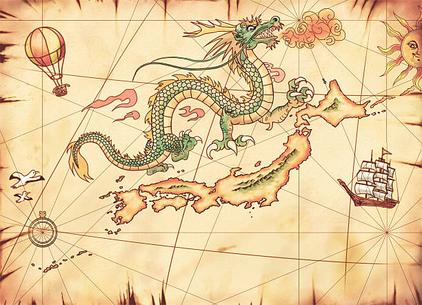 Antiguo mapa, Dragon y Japón - ilustración de arte vectorial