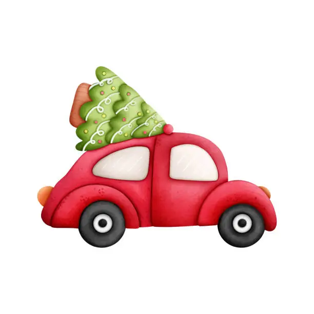 Vector illustration of Christmas transport with Christmas tree, Vector watercolor element
