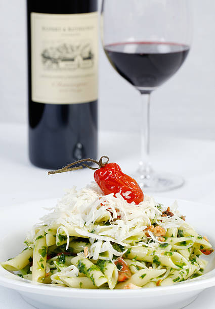 European Pasta and wine in a italian Restaurant stock photo