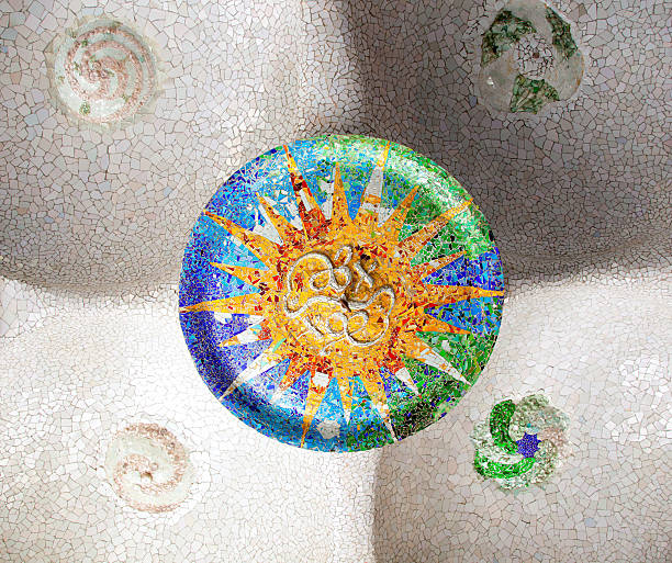 Barcelona, Spain- 15 April, 2013: Park Guell of Gaudi mosaic in the Hundred Columns Chamber . Spain