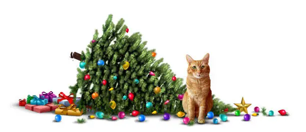 Funny Cat  and Mischievous kitty as a Christmas Tree Mishap as a humorous Holiday kitten with a guilty expression next to a fallen decorated evergreen as a seasonal greeting symbol for yuletide joy.