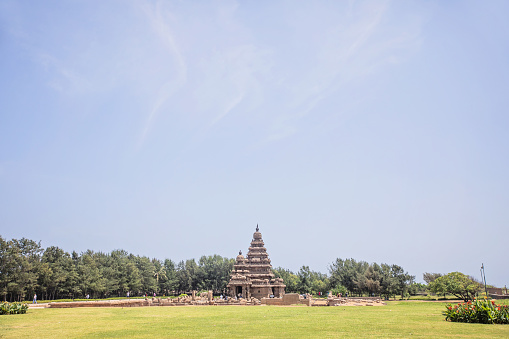 Mahabalipuram, India - October 3, 2023. The Shore Temple landscape in Tamil Nadu, with visitors.