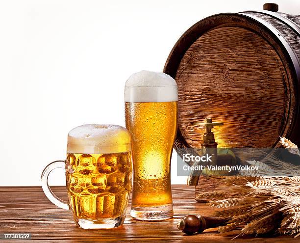 Beer Barrel With Glasses On A Wooden Table Stock Photo - Download Image Now - Alcohol - Drink, Bar - Drink Establishment, Barrel