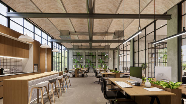 istock Interior Empty Modern Loft Office open space modern office footage.Modern open concept Lobby and reception area meeting room design.3d Rendering . 1773816681