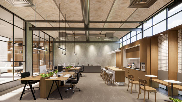 istock Interior Empty Modern Loft Office open space modern office footage.Modern open concept Lobby and reception area meeting room design.3d Rendering . 1773816682