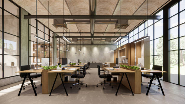 istock Interior Empty Modern Loft Office open space modern office footage.Modern open concept Lobby and reception area meeting room design.3d Rendering . 1773816686