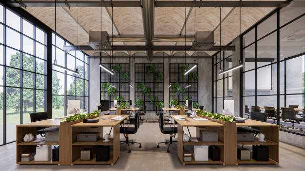 istock Interior Empty Modern Loft Office open space modern office footage.Modern open concept Lobby and reception area meeting room design.3d Rendering . 1773816688