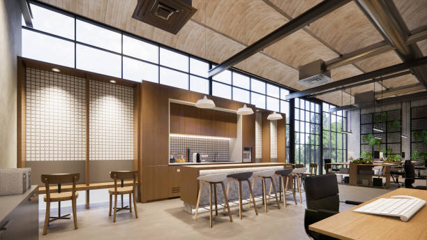 Interior Empty Modern Loft Office open space modern office footage.Modern open concept Lobby and reception area meeting room design.3d Rendering .