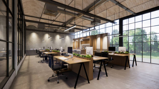 Interior Empty Modern Loft Office open space modern office footage.Modern open concept Lobby and reception area meeting room design.3d Rendering .