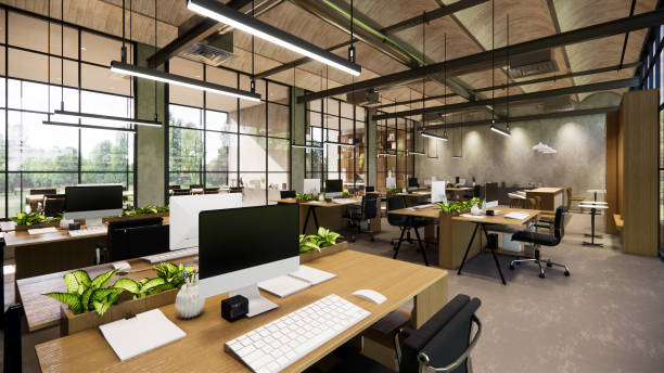 istock Interior Empty Modern Loft Office open space modern office footage.Modern open concept Lobby and reception area meeting room design.3d Rendering . 1773816815