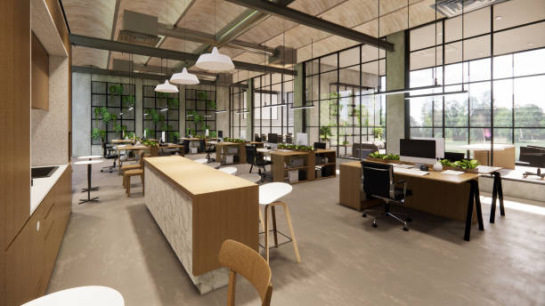 istock Interior Empty Modern Loft Office open space modern office footage.Modern open concept Lobby and reception area meeting room design.3d Rendering . 1773816818