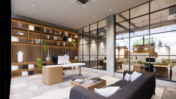 istock Interior Empty Modern Loft Office open space modern office footage.Modern open concept Lobby and reception area meeting room design.3d Rendering . 1773816872