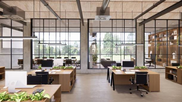 istock Interior Empty Modern Loft Office open space modern office footage.Modern open concept Lobby and reception area meeting room design.3d Rendering . 1773816890