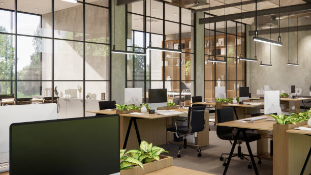 istock Interior Empty Modern Loft Office open space modern office footage.Modern open concept Lobby and reception area meeting room design.3d Rendering . 1773817423